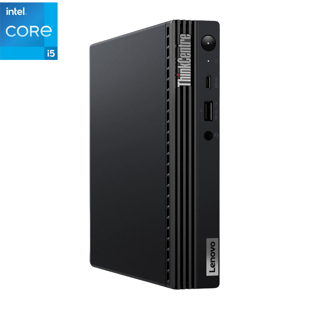 This is the main image for a listing showing an upright Lenovo ThinkCentre M70q G1 i5 Tiny desktop from Evergreen Electronics.