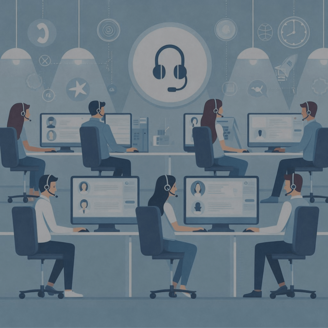 An illustrated image of a group of call center agents working with refurbished computer monitors in front of them.