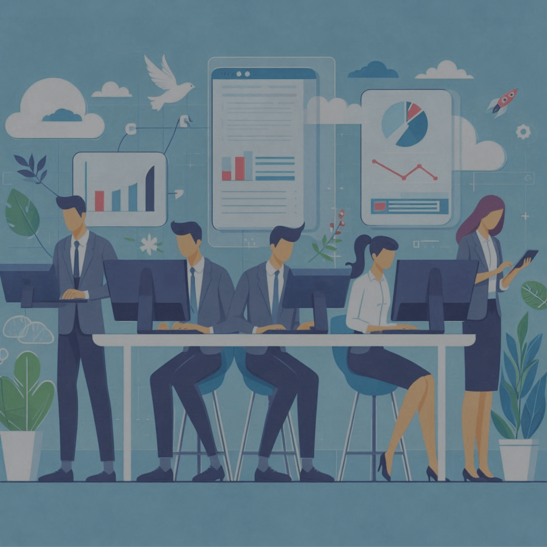 An illustrated image of corporate office workers using refurbished computer monitors.