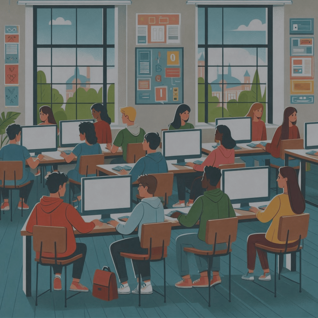 An illustrated image of a classroom of students, using refurbished computer monitors to study.