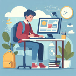 An illustrated image of a student using a refurbished computer monitor.
