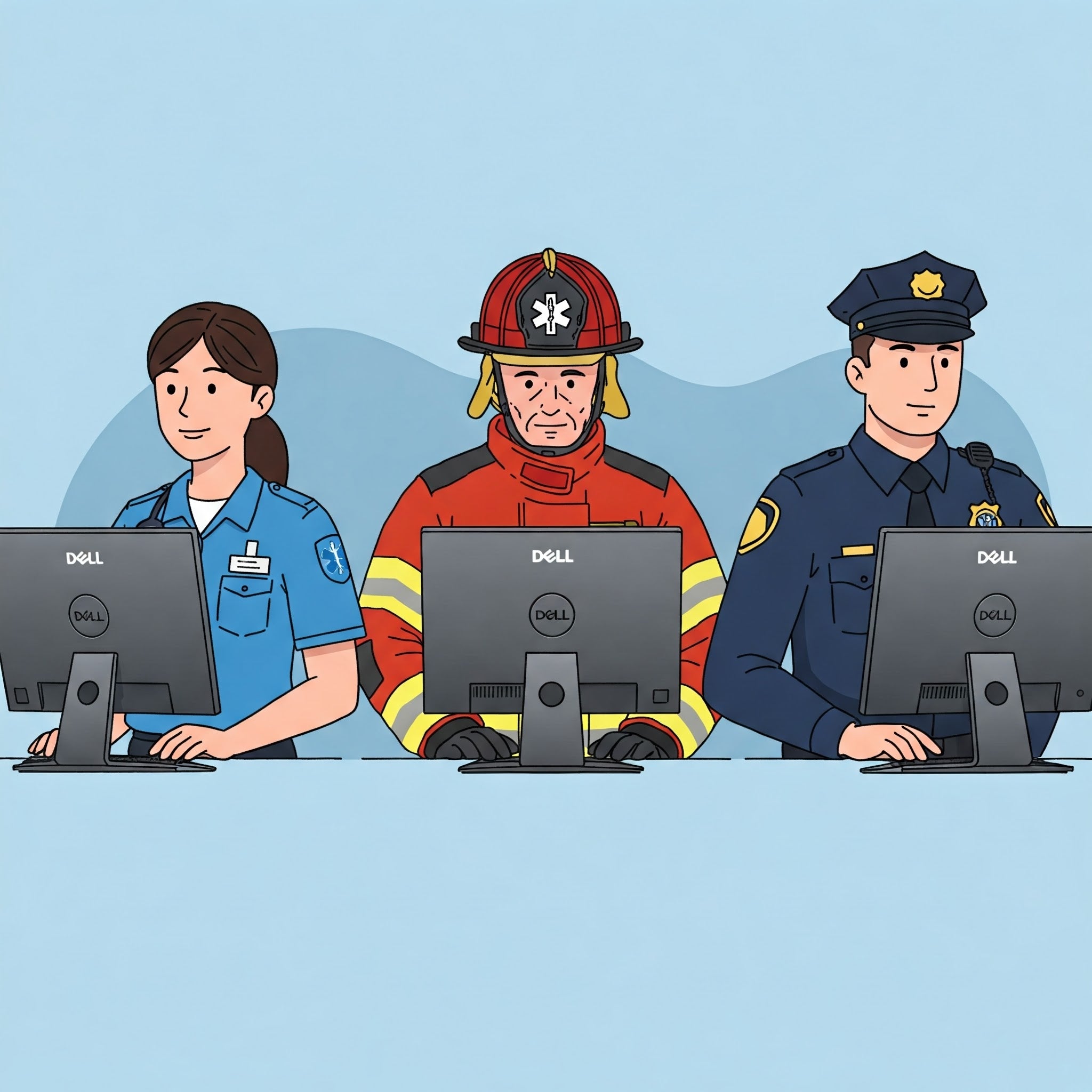 illustration of paramedic, fire fighter, and police officer side-by-side using Dell refurbished Computer Monitors.