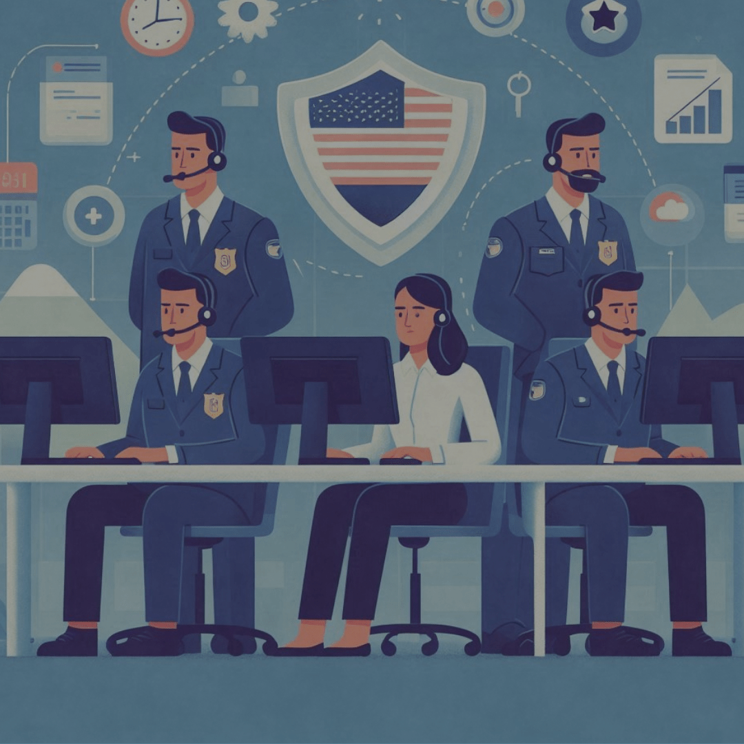 Illustration of government workers using refurbished computer monitors for work.