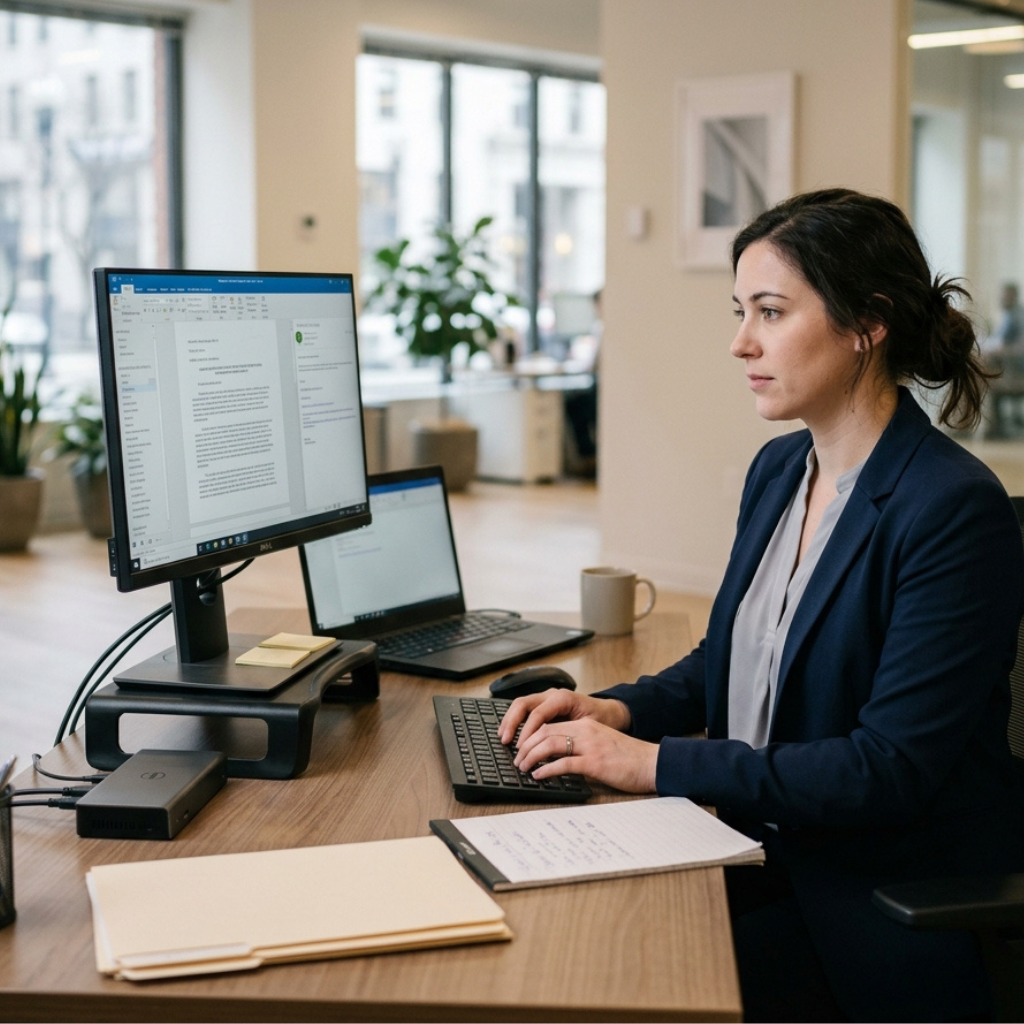 Law Firm orker seated at her desk while working on a Dell monitor.