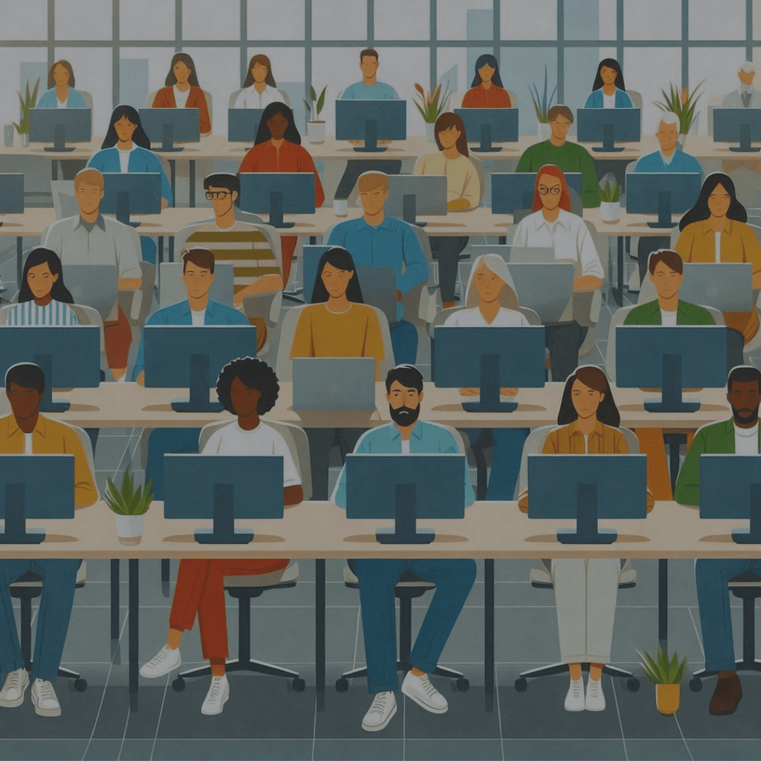 illustrated image of MSP employees working on refurbished computer monitors.