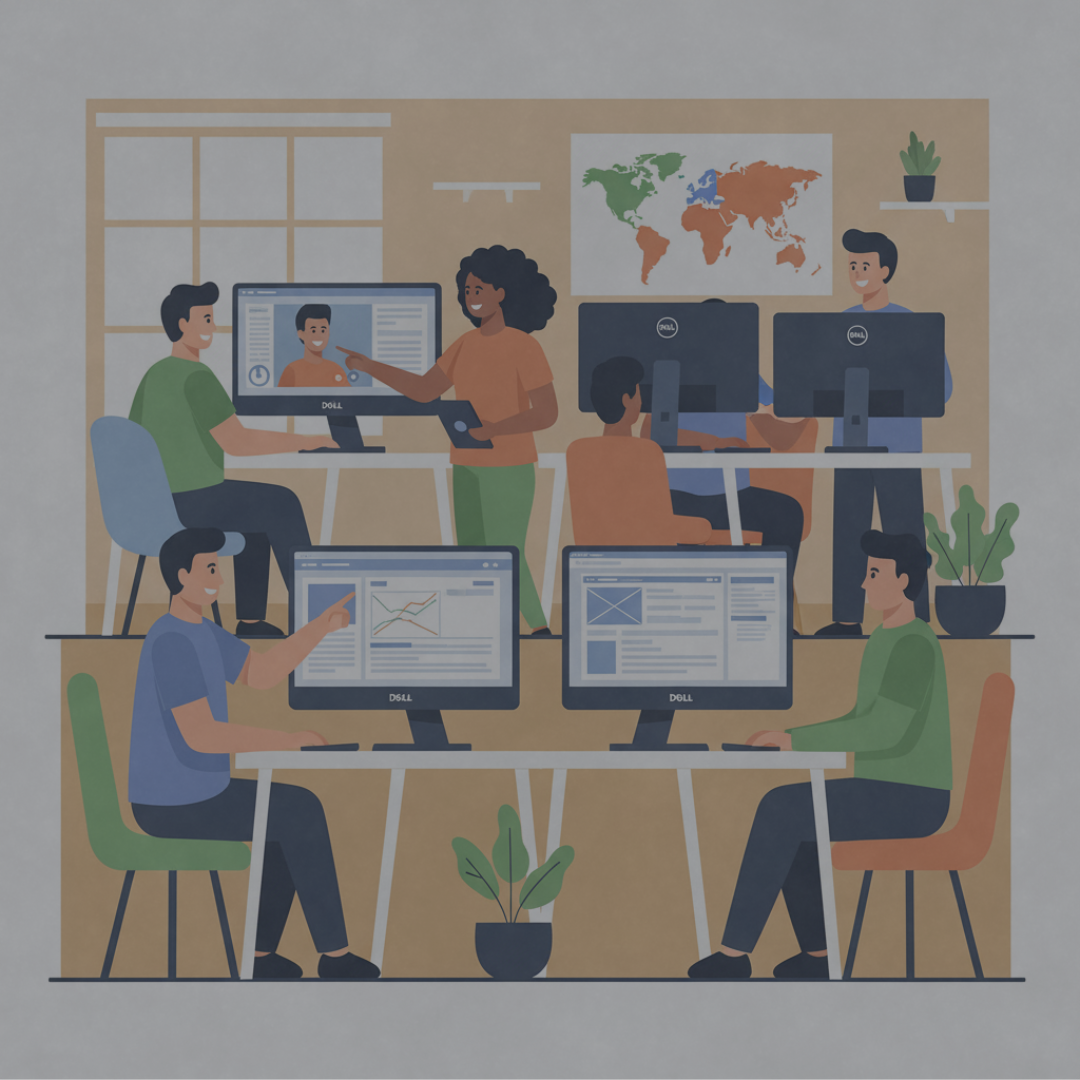 Illustration of a group of people working at desks with computers in an office setting.
