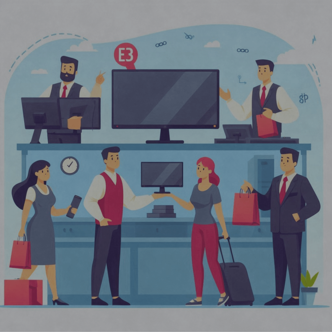 illustrated image of Reseller employees selling refurbished computer monitors.