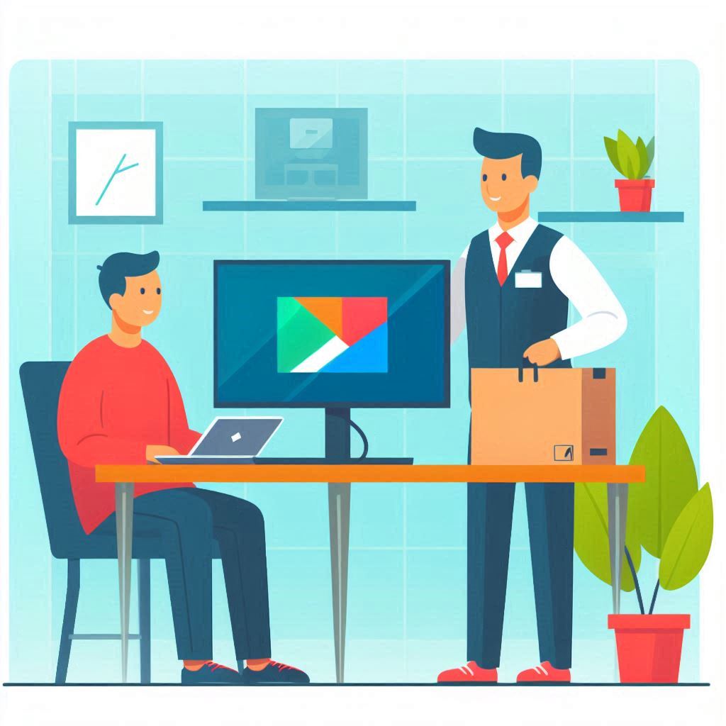 Illustrated image of a reseller selling a refurbished computer monitor to a customer.