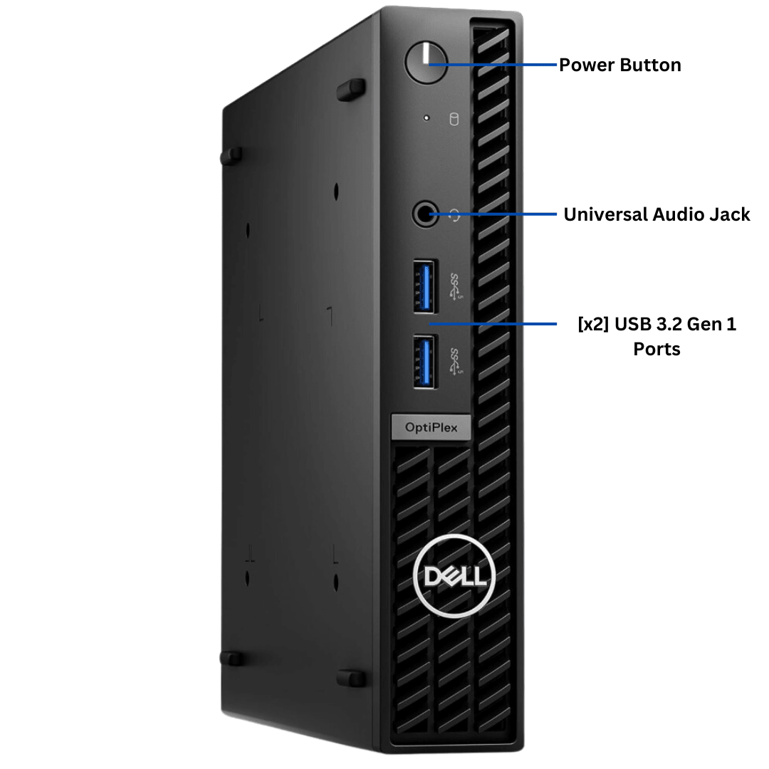 front-view of the port diagram for the OptiPlex 7010 Micro form Factor desktop, showing the power button, universal audio jack and USB 3.2 ports clearly visible and labeled.