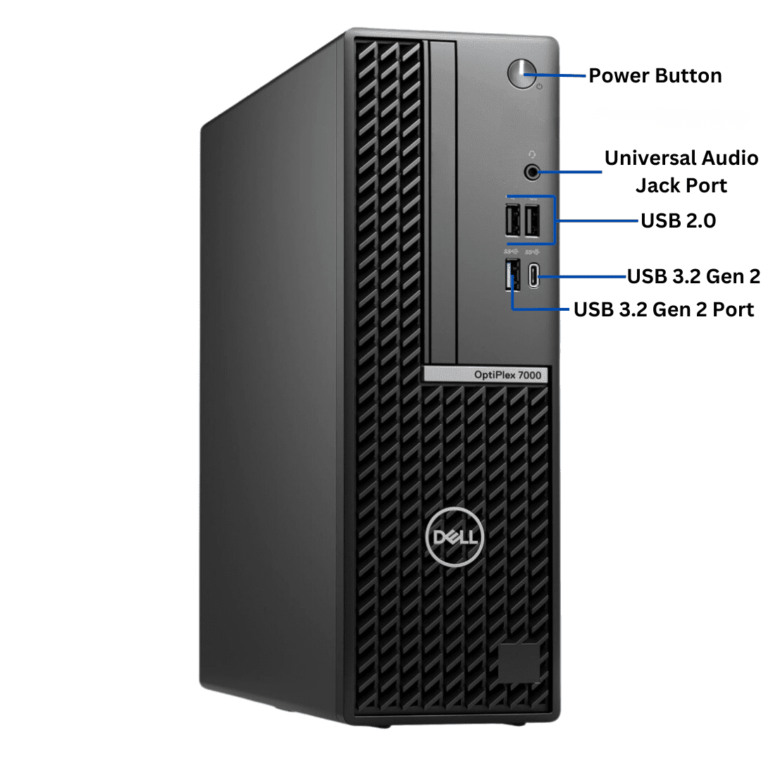 Front-facing view of the Dell OptiPlex 7000 SFF Port Diagram, with all ports in the front visible and clearly labeled.