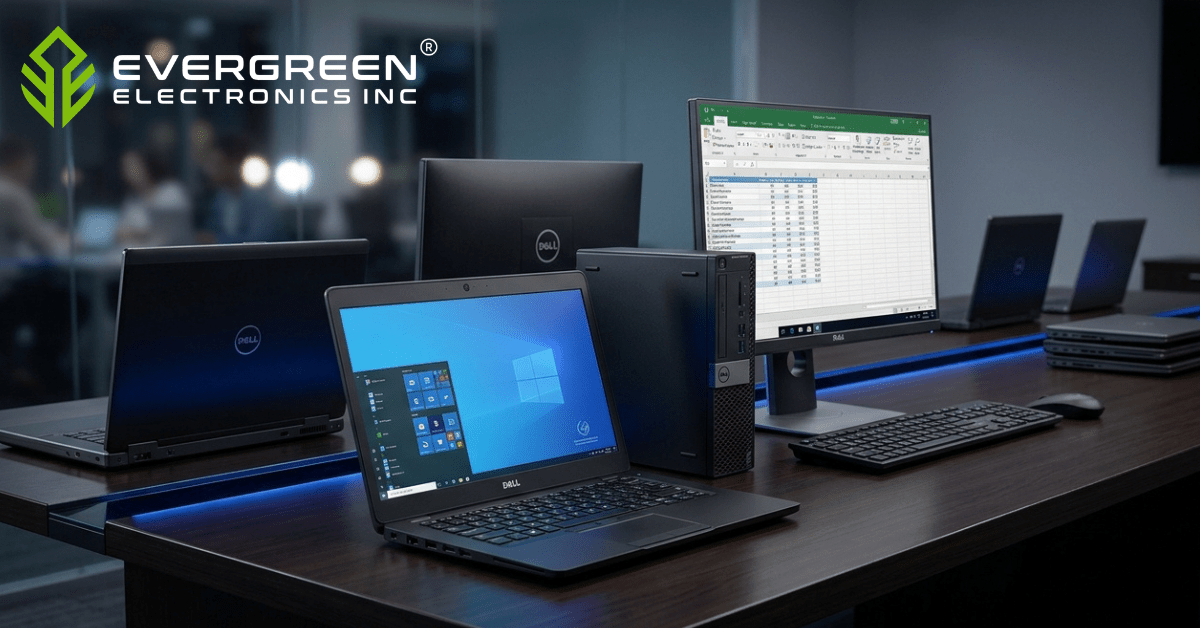 Dell laptops and desktops on a dark wooden conference table, with the Evergreen Electronics logo visible in the top-left corner. 