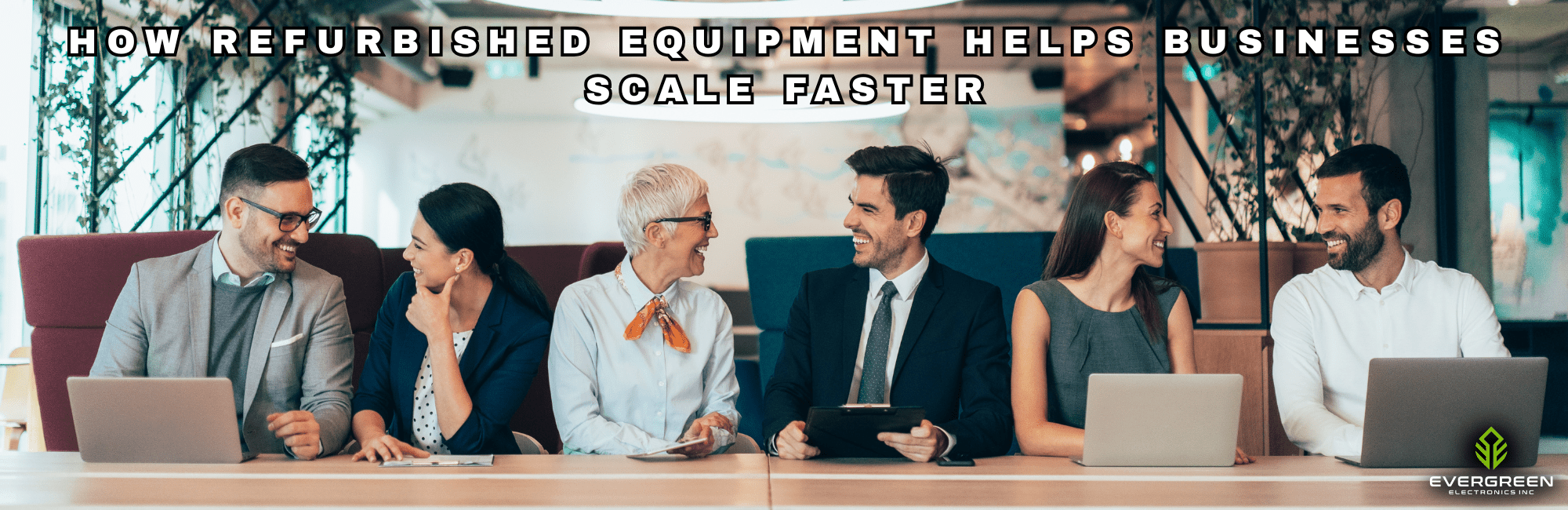 Business professionals sitting at a conference table with laptops and tablets under the headline “How Refurbished Equipment Helps Businesses Scale Faster” by Evergreen Electronics.
