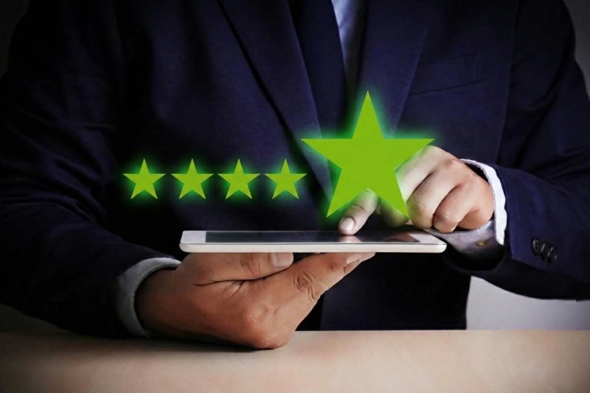 A person in a dark suit holds a tablet with one hand and taps the screen with the other, while five green stars appear above the device, highlighting a five-star rating.