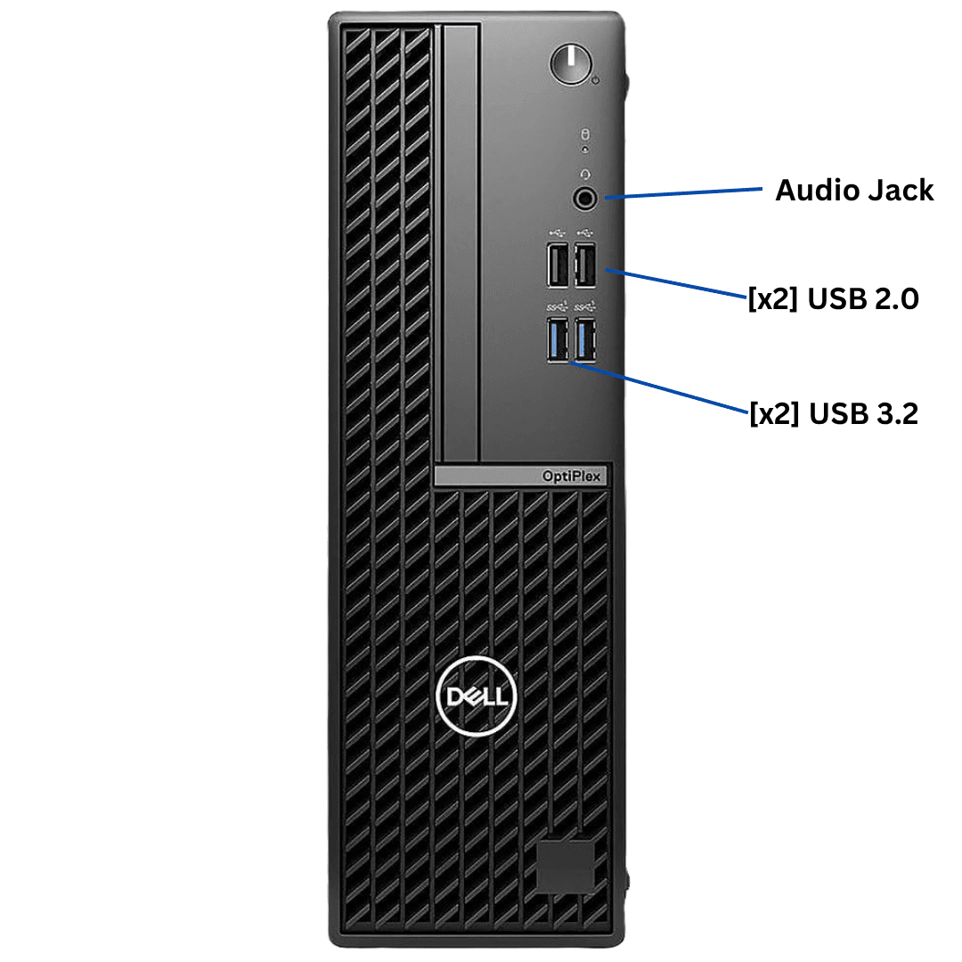 Dell OptiPlex desktop tower computer shown from the front on a white background, with callout lines indicating the Audio Jack, [x2] USB 2.0, and [x2] USB 3.2.