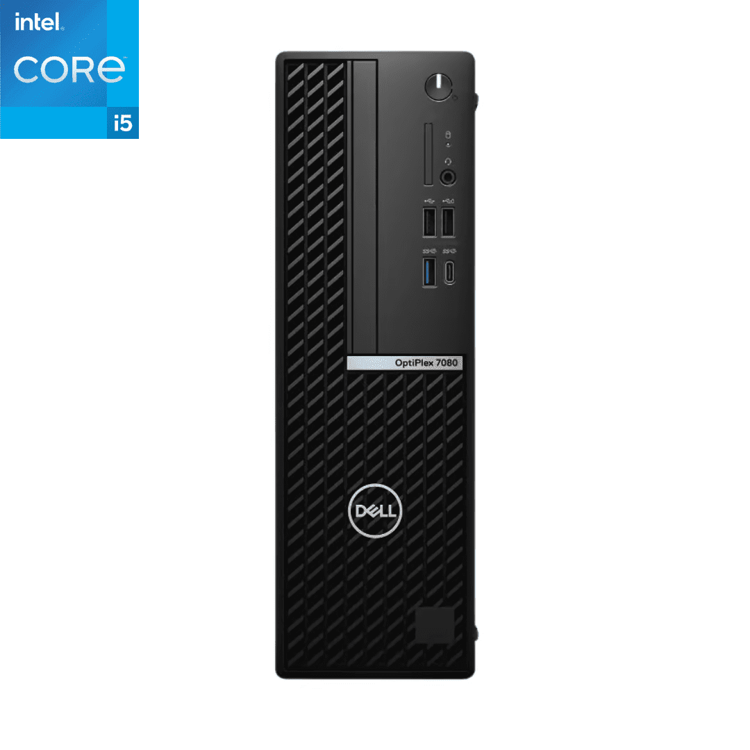 Main front facing view of an upright Dell OptiPlex 7080 Small Form Factor i5 Desktop.