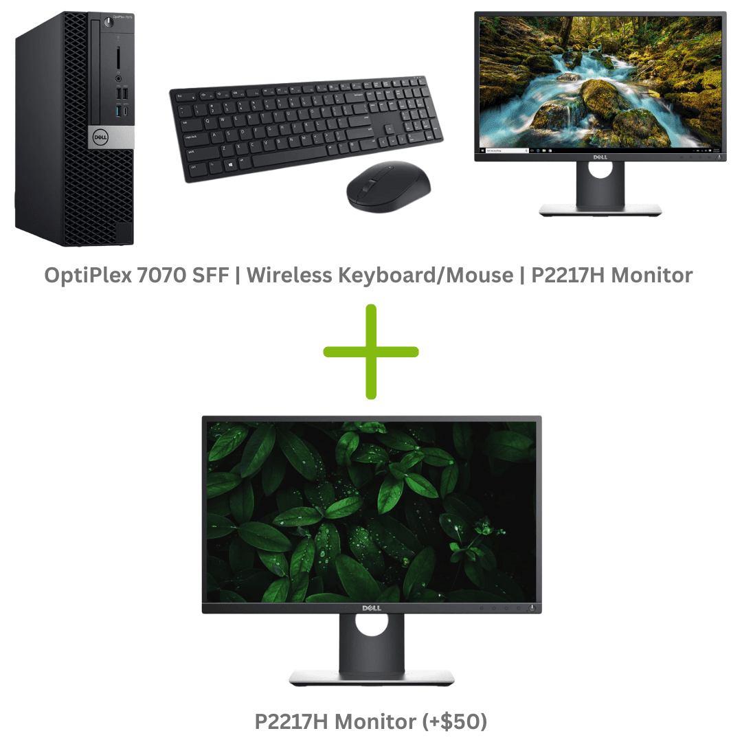Computer setup with OptiPlex 7070 SFF, wireless keyboard/mouse, and two monitors on a white background.