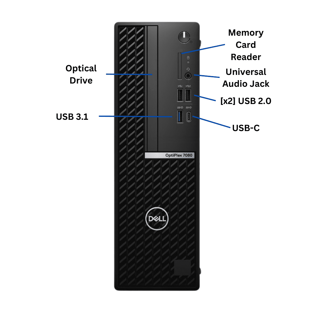 Front-facing view of the Dell OptiPlex 7080 Small Form Factor Desktop Port Diagram, with all front-side ports visible and clearly labeled.