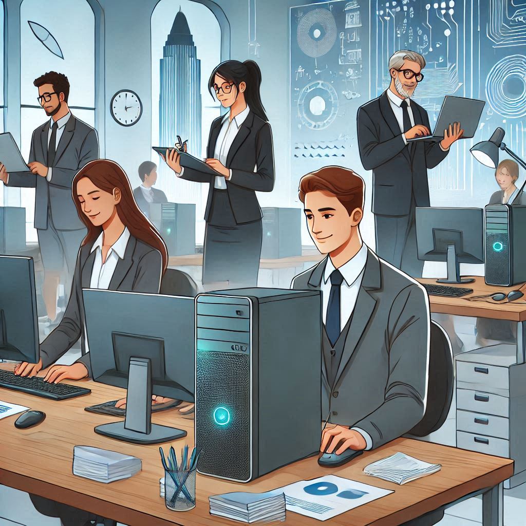 Illustrated image of Corporate employees working on refurbished desktops computers.