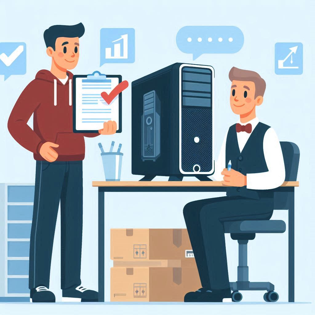 Illustrated image of two computer resale workers, going over a client order of refurbished desktops together.