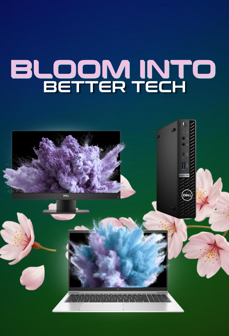 Dell computer setup with monitor, laptop, and tower on a floral background with 'Bloom into Better Tech' text.