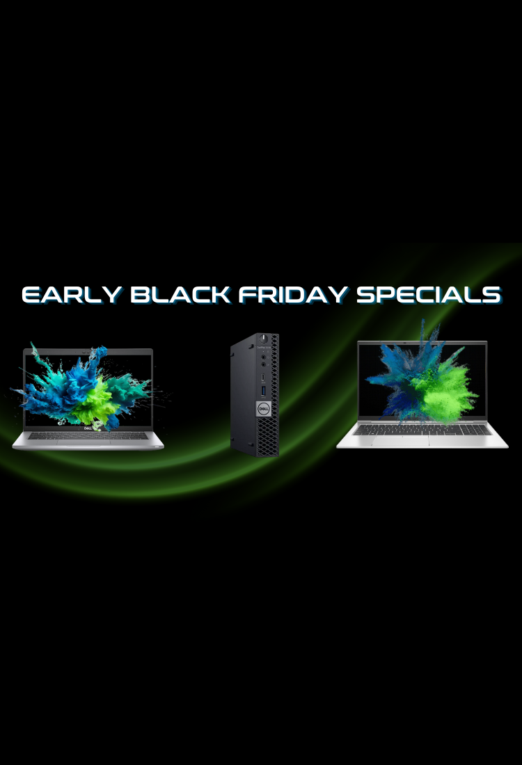 Mobile version of the Evergreen Electronics' Early Black Friday Specials banner showing a Dell laptop, an HP laptop, and a mini Dell desktop.