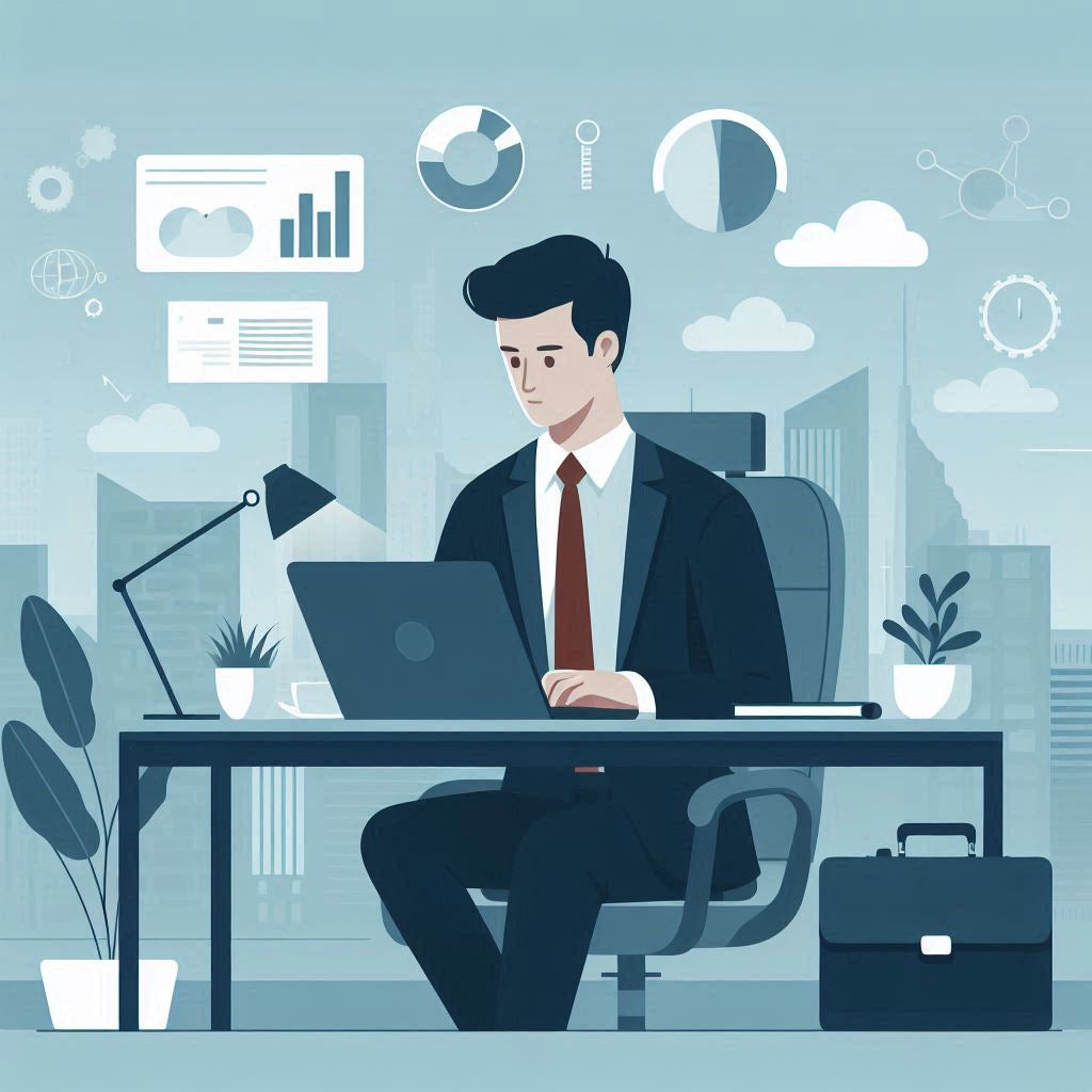 illustrated image of a corporate employee working on a refurbished laptop.