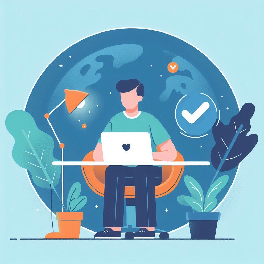 An illustrated image of a non-profit employee working on a B2B certified refurbished laptop computer.
