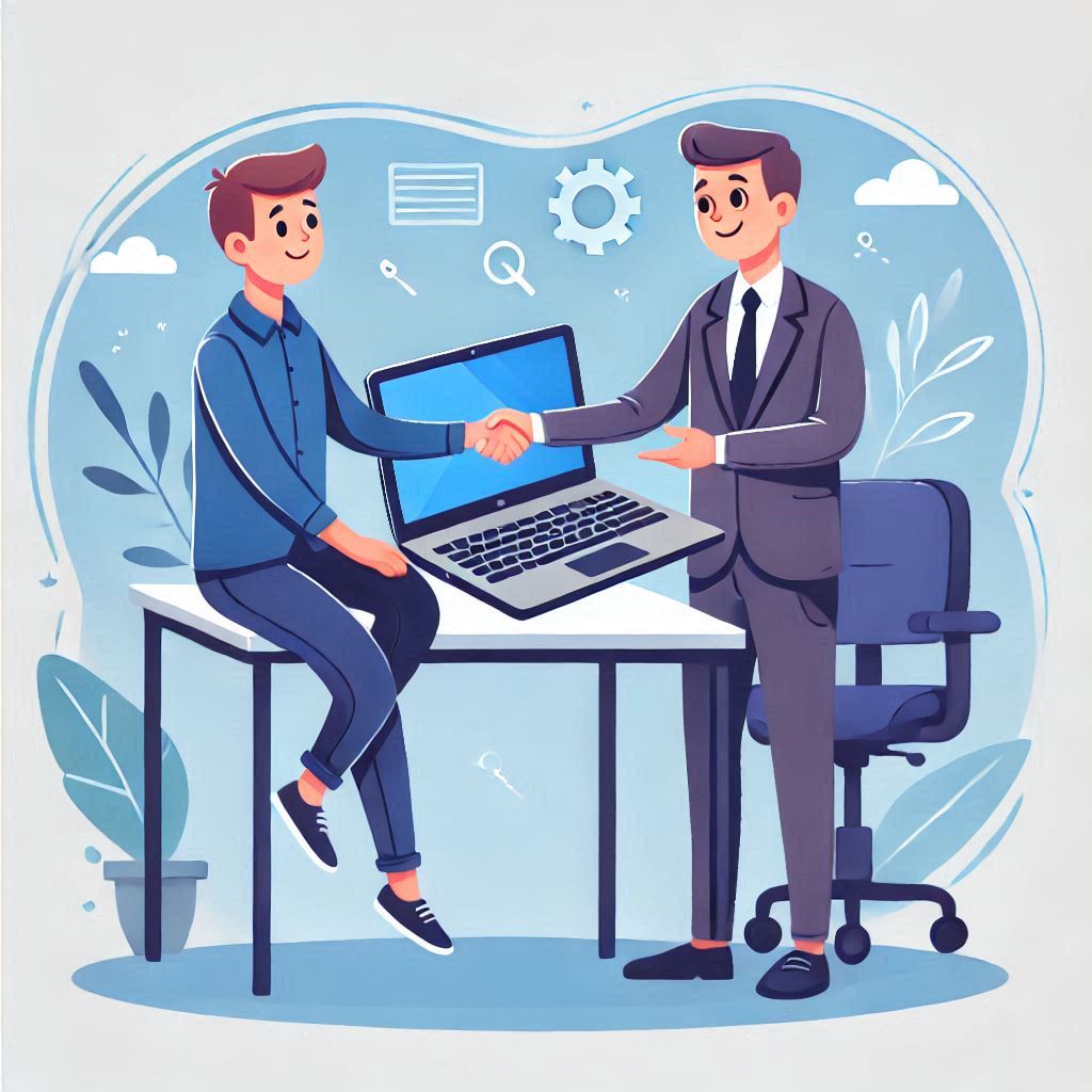 An illustrated image of a reseller selling a certified refurbished laptop computer to a client.