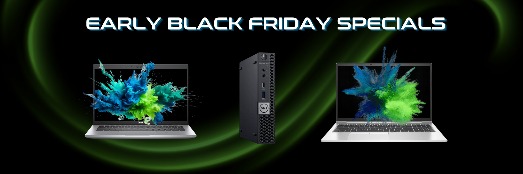Evergreen Electronics Early Black Friday Specials banner showing a Dell laptop, an HP laptop, and a mini Dell desktop.