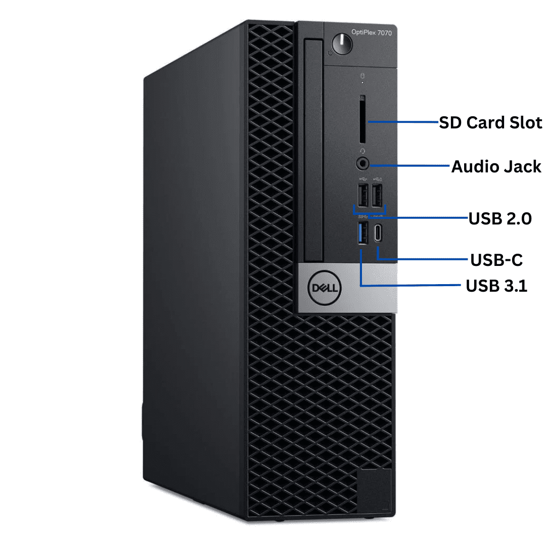 Front view of the Dell OptiPlex 7070 Small Form Factor Desktop port diagram, with all front-side ports visible and clearly labeled.