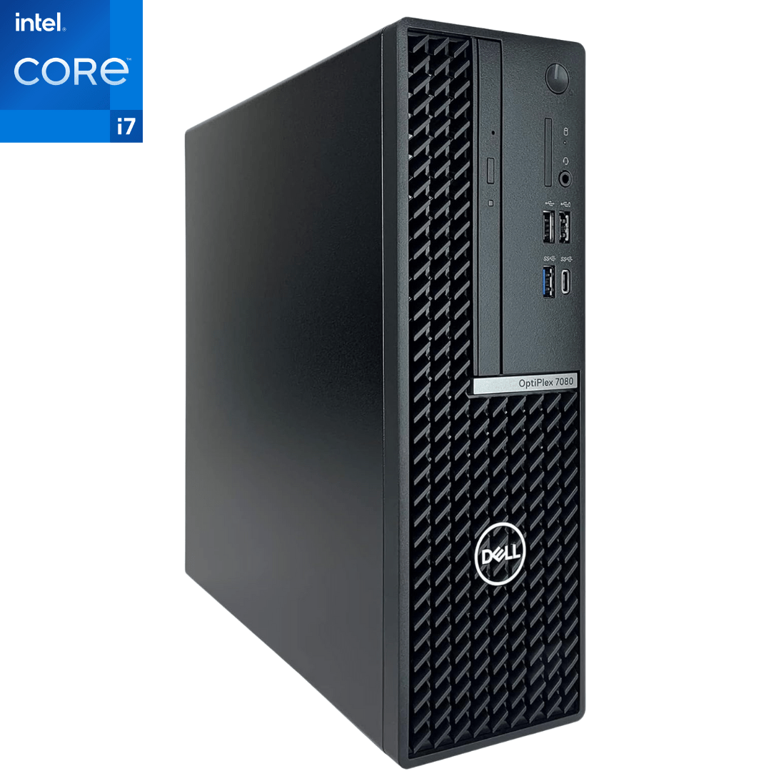 Front facing view of an upright Dell OptiPlex 7080 Small Form Factor i7 Desktop.