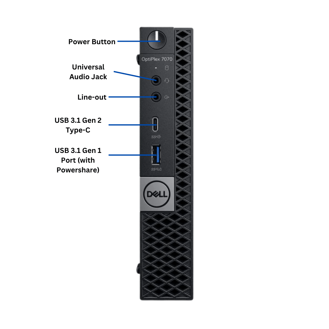 Facing forward of Dell OptiPlex 7070 side panel with labeled ports on a white background