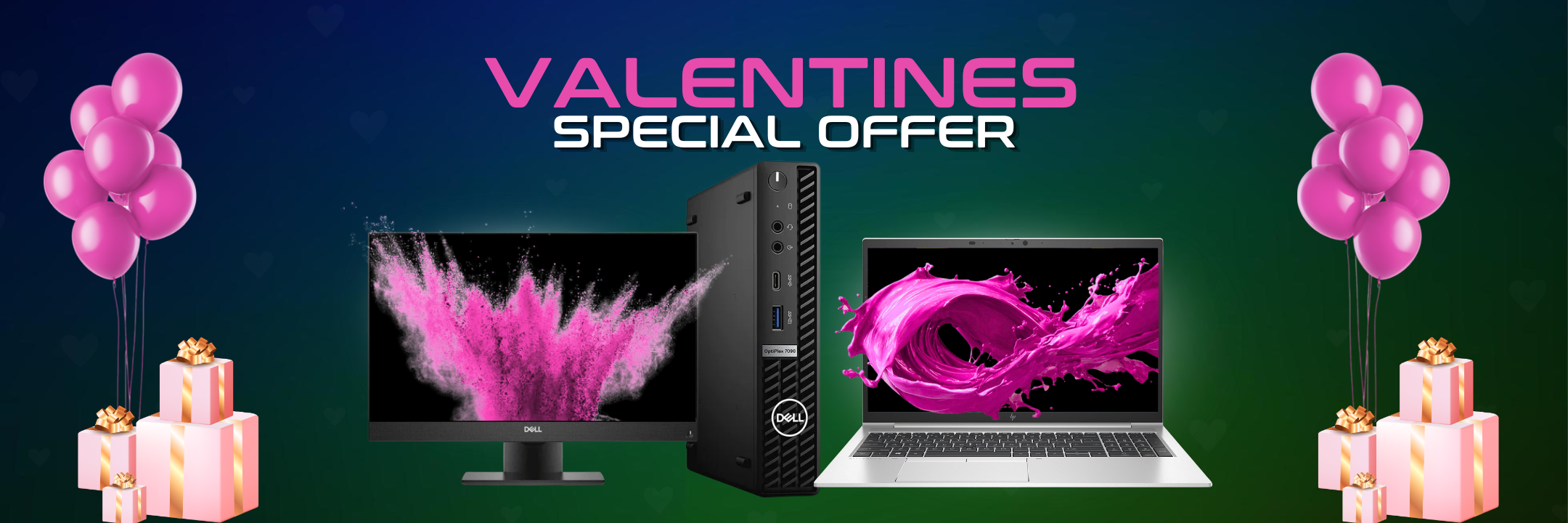 Valentines Special Offer banner featuring a Dell OptiPlex micro desktop, monitor, and silver laptop surrounded by festive pink balloons and gift boxes.