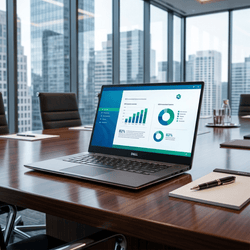 Dell Laptop on a conference room table, with windows in the  background  overlooking the city skyline.
