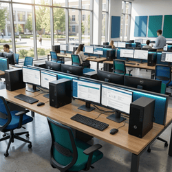 Dell Computers and monitors in a computer lab at a university, with windows in the background overlooking the quad.