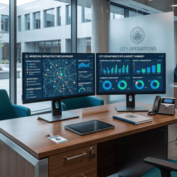 dual Dell monitors on a desk with a tablet, notebook and a handset phone, with City Operation under a city crest behind the desk.