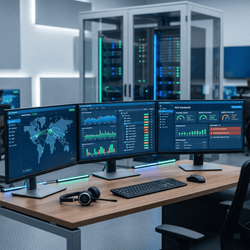 3 computer monitors on a desk with a keyboard, mouse, headset and a server rack in the background