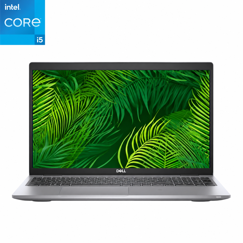 Front-facing view of an opened Dell Latitude 5520 i5 Laptop, with foliage displayed on the screen.