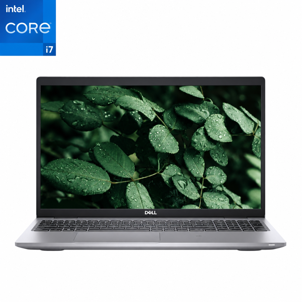 Front-facing view of an opened Dell Latitude 5520 i7 Laptop, with foliage displayed on the screen.