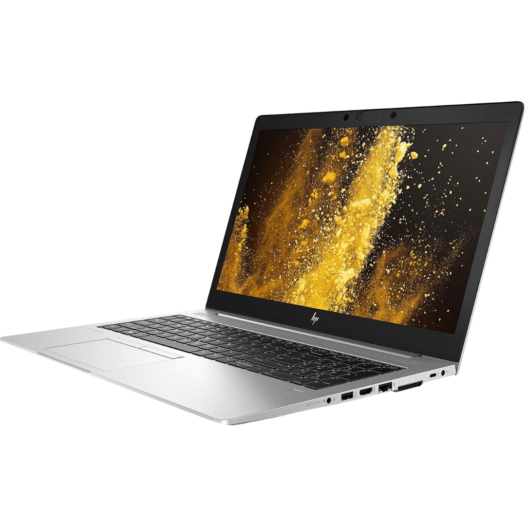 Main, front-right angled image of an opened HP EliteBook 850 G6 i5 laptop.