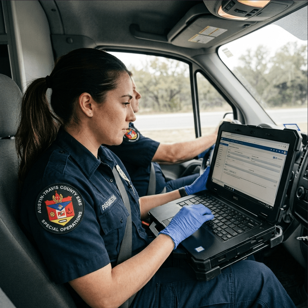 A EMS sits inside an ambulance, using a rugged laptop mounted on the dashboard. She is wearing blue gloves, with the driver visible behind her.