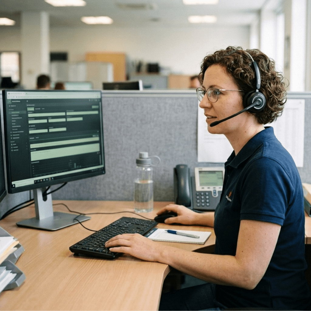 A call-center worker at her desk with a monitor, keyboard, mouse, water bottle and phone on the desk.