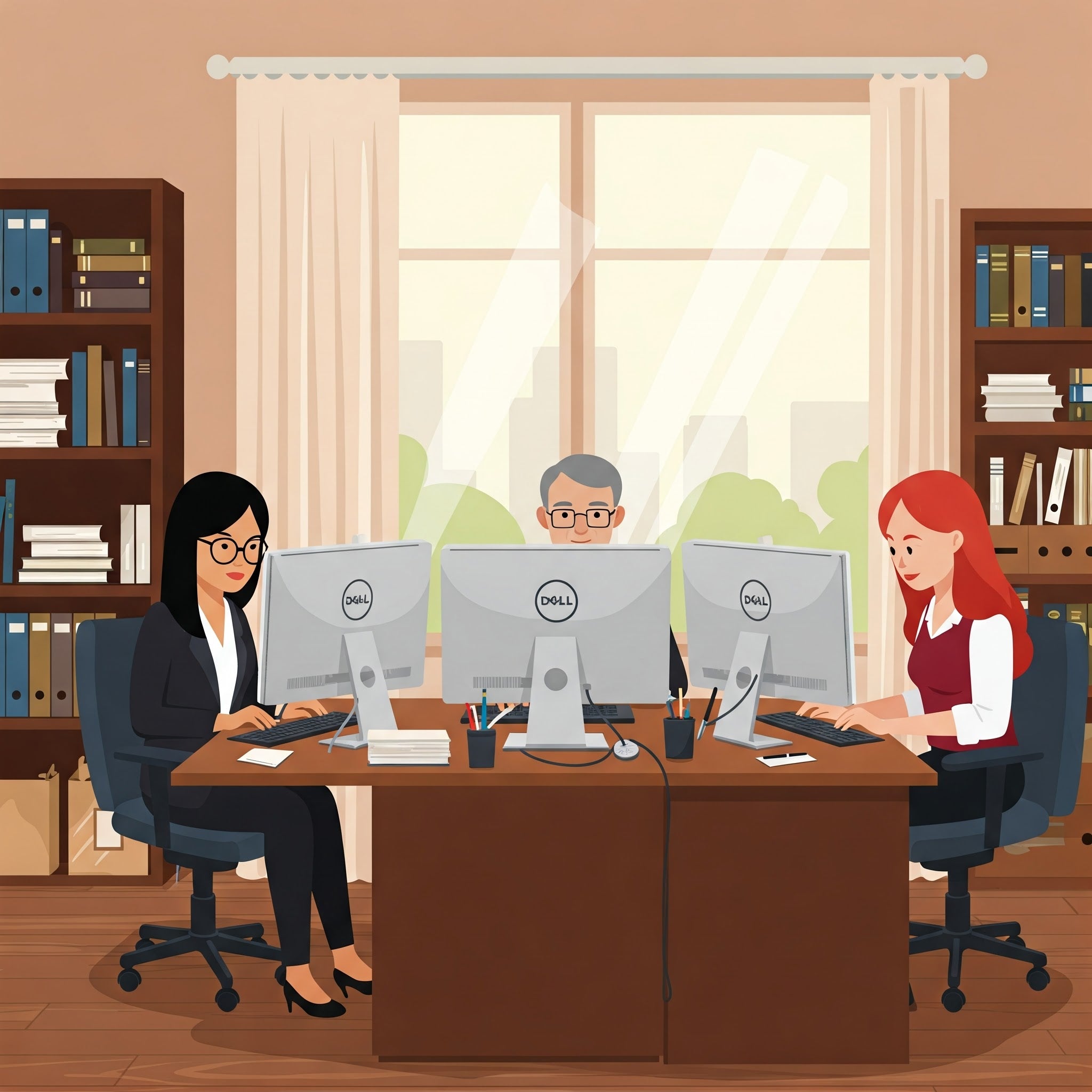 Illustrated image of lawyers using refurbished computer monitors for work.