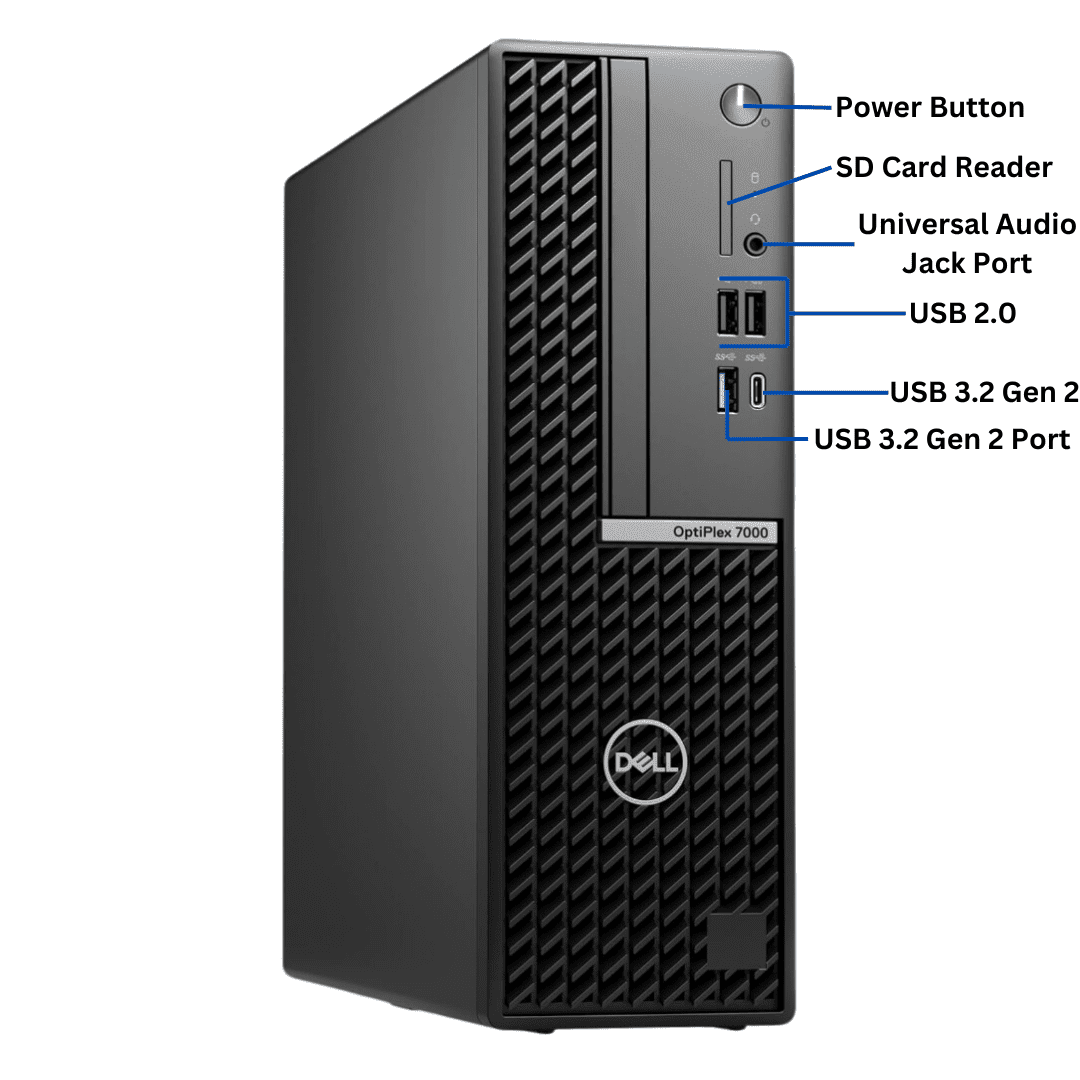 Front-facing view of the Dell OptiPlex 7000 SFF Port Diagram, with all ports in the front visible and clearly labeled.
