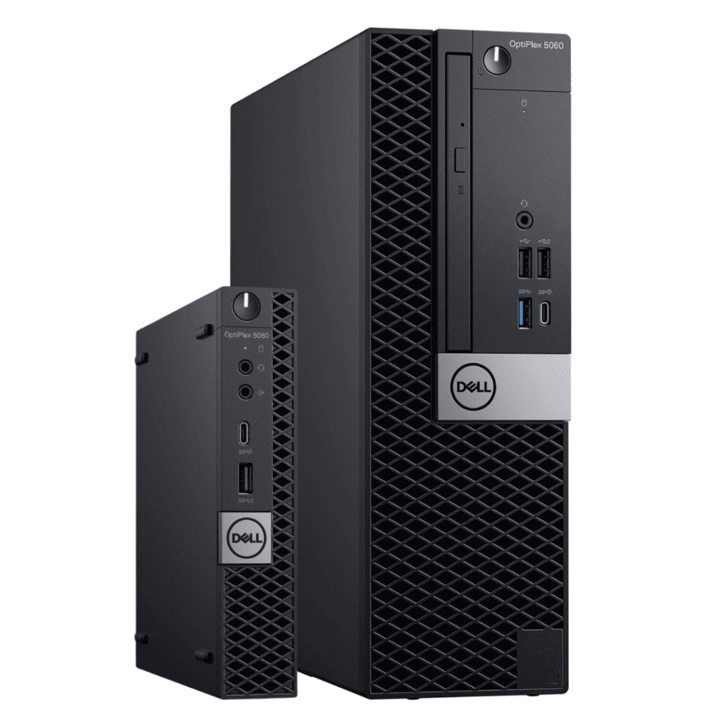 Front faacing view of Dell OptiPlex 5060 Desktops. Small form factor (right), Micro form factor (left).