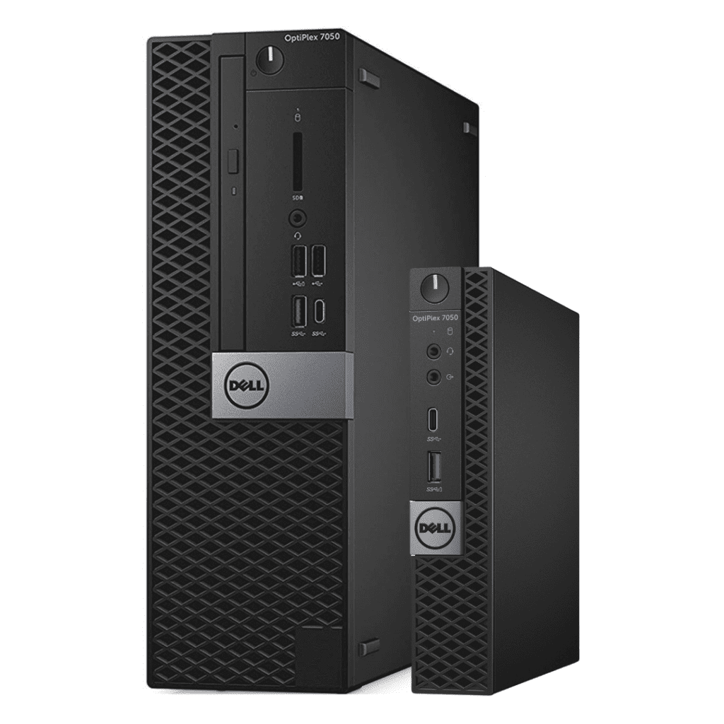 Front facing view of Dell OptiPlex 7050 Desktops. Small form factor (left), Micro form factor (right).
