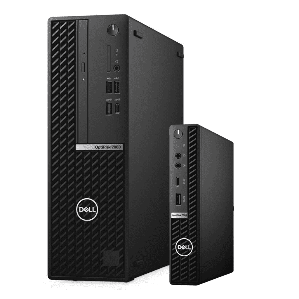 Front facing view of Dell OptiPlex 7080 Desktops. Small form factor (left), Micro form factor (right).