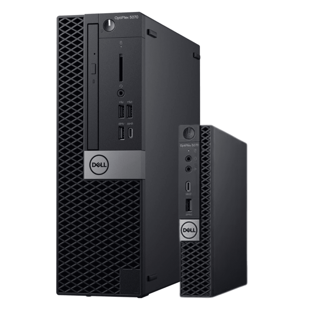 Front facing view of Dell OptiPlex 5060 Desktops. Small form factor (left), Micro form factor (right).