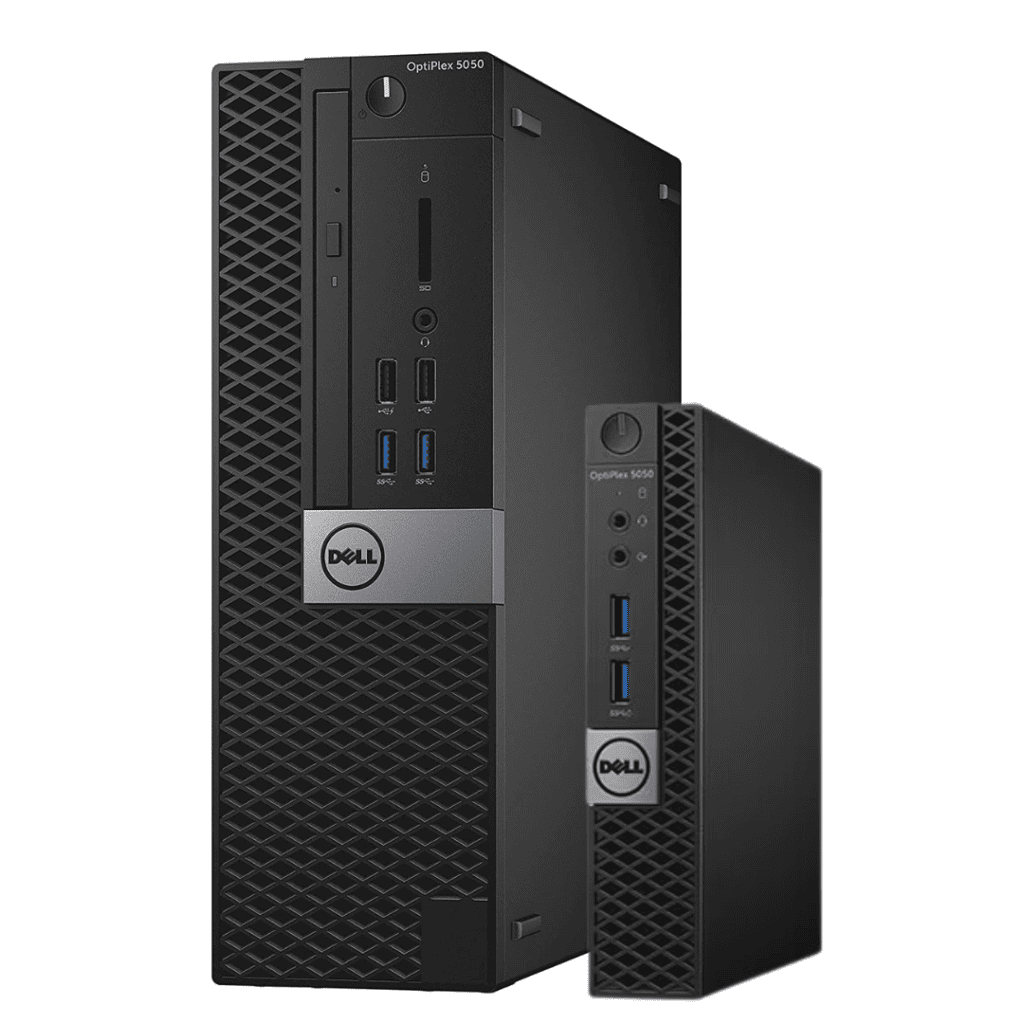 Front facing view of Dell OptiPlex 5050 Desktops. Small form factor (left) and Micro form factor (right).