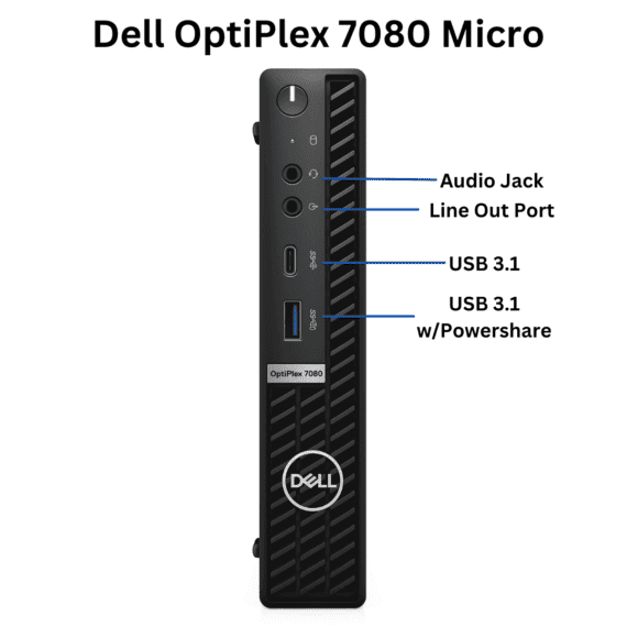 Front facing view of Dell OptiPlex 7080 Micro Form Factor Desktop ports.